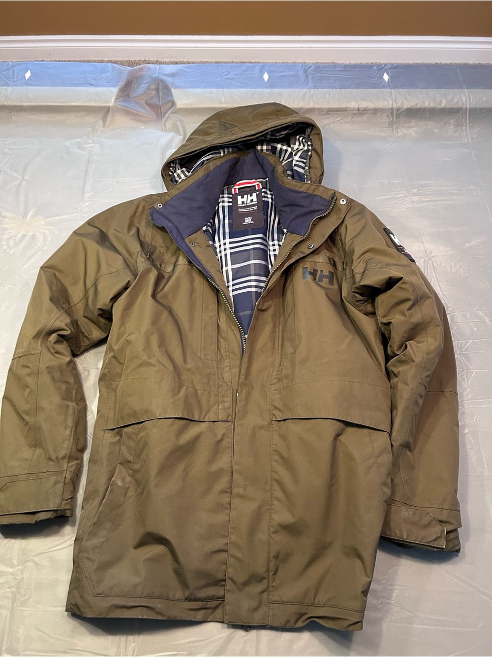 Helly Hansen Olive Hooded Raincoat with Plaid Lining
